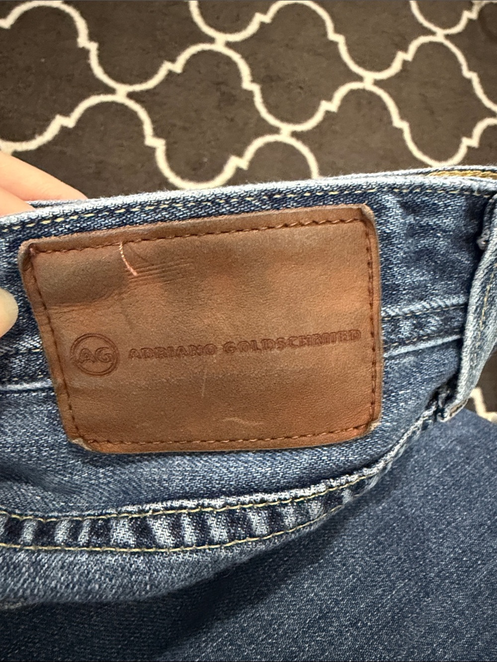 Ag Adriano Goldschmied Slim Men’s Blue Denim Jeans with Brown Leather Patch